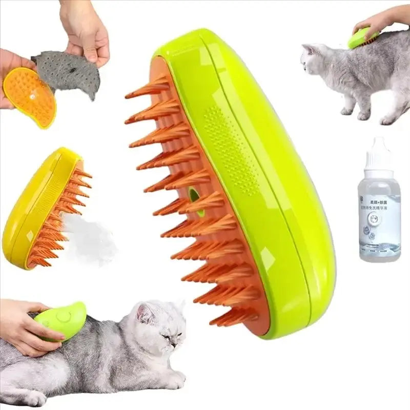 Steam brush for pet grooming, dry bath, and hair care.