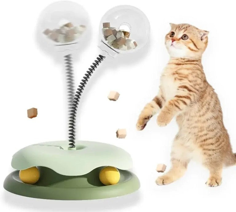 Cat treat dispenser with ball track and interactive feeder toy