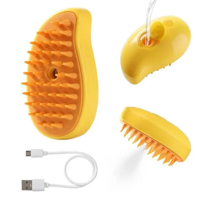 Steam brush for pet grooming, dry bath, and hair care.