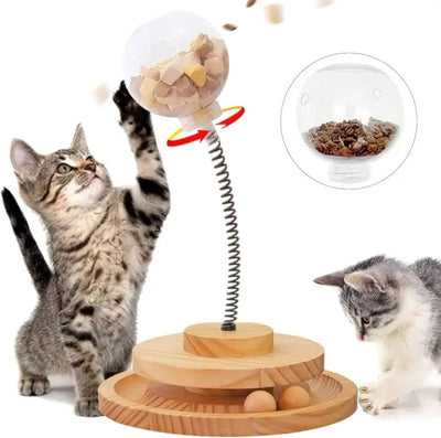 Cat treat dispenser with ball track and interactive feeder toy