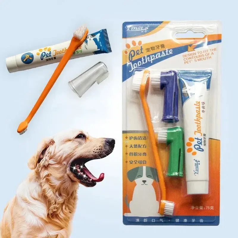 Pet Toothbrush & Toothpaste Set for Dogs & Cats – Finger Brush + Soft Bristle Brush with Beef Vanilla Toothpaste