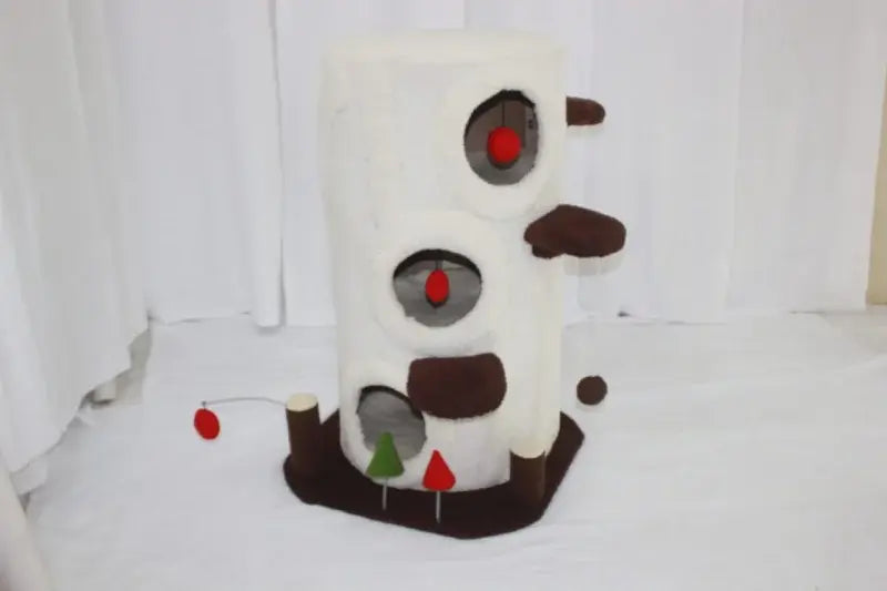 Multi-level cat scratching tree with a house. It is designed to provide a space for cats to play, climb, and rest