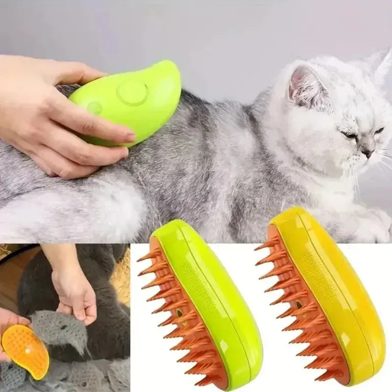 Steam brush for pet grooming, dry bath, and hair care.