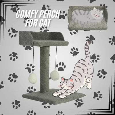 Cat scratching post with play seat; fun, sturdy, cozy