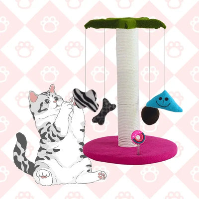 Cat scratching post with play seat; fun, sturdy, cozy