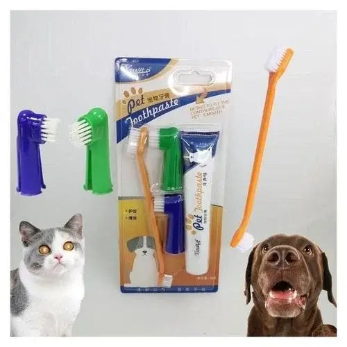 Pet Toothbrush & Toothpaste Set for Dogs & Cats – Finger Brush + Soft Bristle Brush with Beef Vanilla Toothpaste