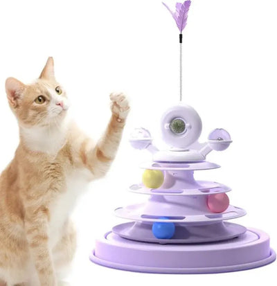 4-layer cat feather stick with wheel track toy for pets