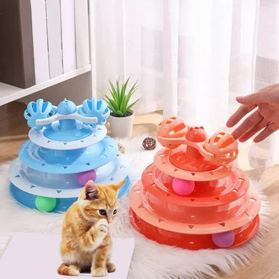 4-level cat tower with rotating balls, colorful toys, and bell for fun and exercise.