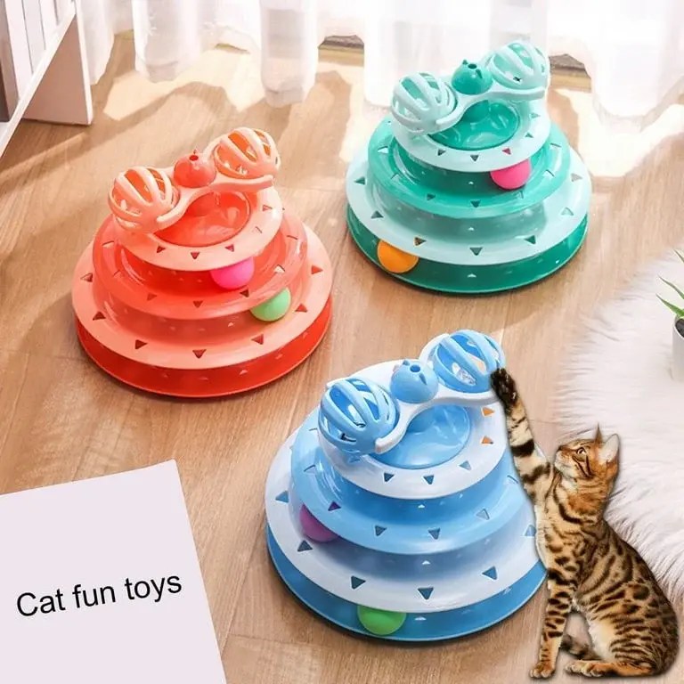 4-level cat tower with rotating balls, colorful toys, and bell for fun and exercise.