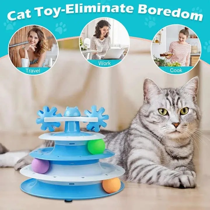 4-level cat tower with rotating balls, colorful toys, and bell for fun and exercise.