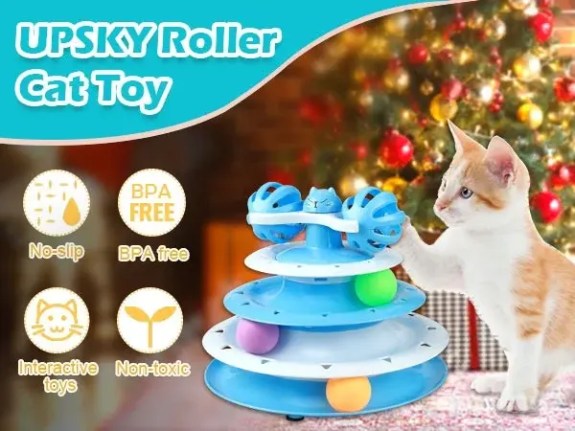 4-level cat tower with rotating balls, colorful toys, and bell for fun and exercise.
