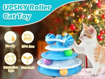 4-level cat tower with rotating balls, colorful toys, and bell for fun and exercise.