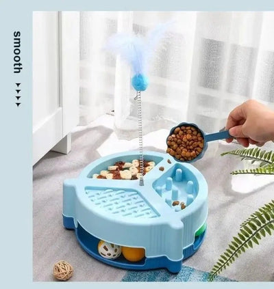 Pet tower cat feeder with turntable, toy, and teaser stick