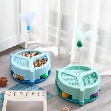 Pet tower cat feeder with turntable, toy, and teaser stick