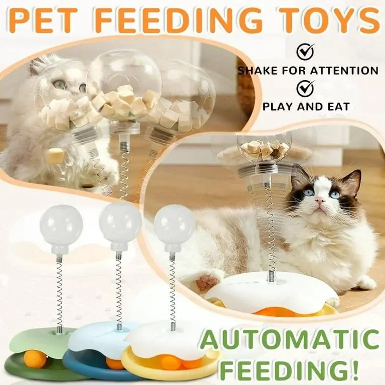 Cat treat dispenser with ball track and interactive feeder toy