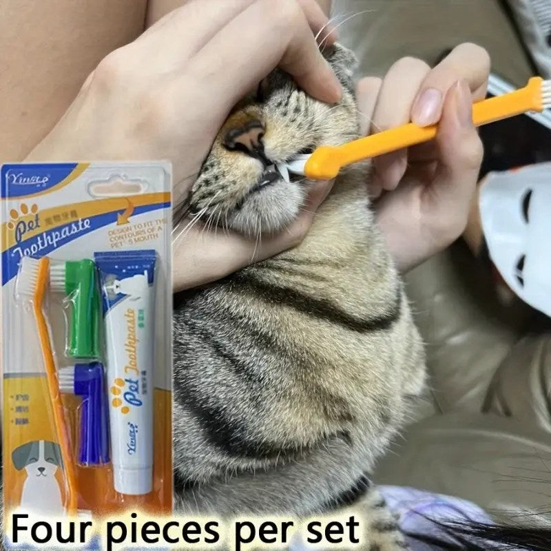 Pet oral care set: toothbrush, finger brush, toothpaste.