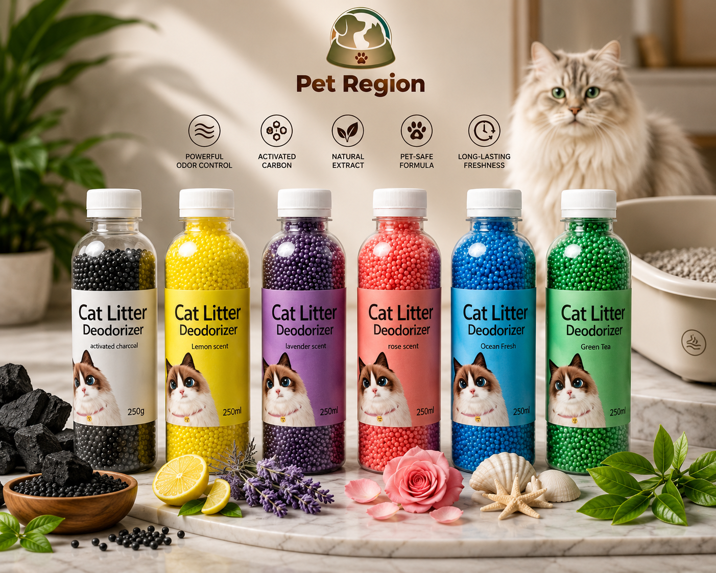 Cat Litter Deodorizer Beads – Activated Carbon & Natural Extract Odor Eliminator | Long-Lasting Freshness | Pet-Safe Litter Box Deodorizer