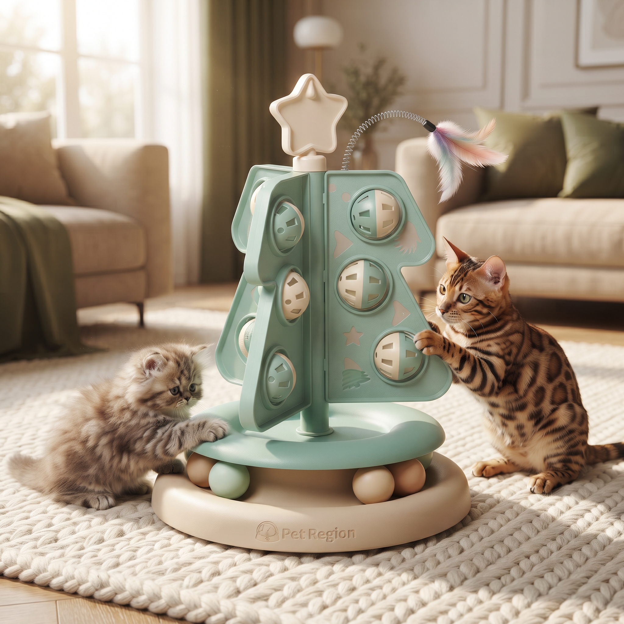 3-in-1 Interactive Cat Toy Tower with Ball Track & Feather Teaser