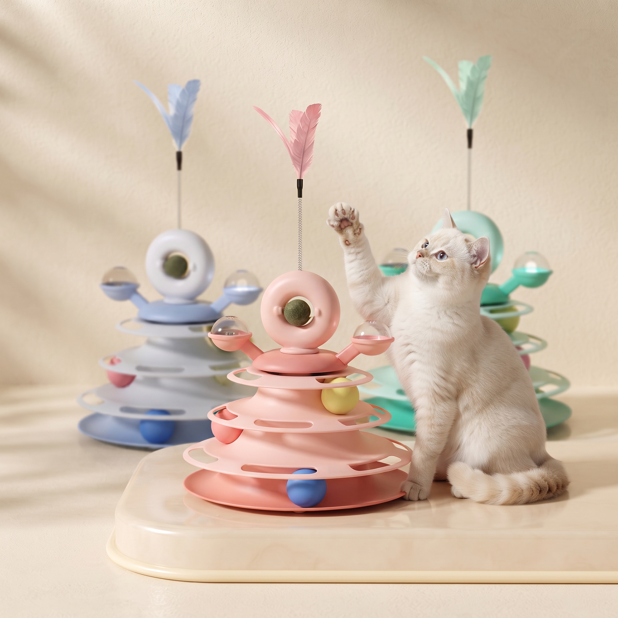 4-Layer Cat Feather Stick Track Wheel Toy