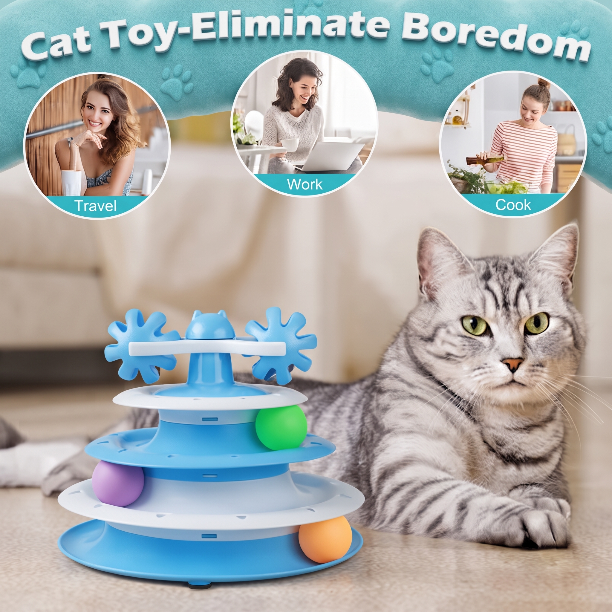 4-Level Cat Tower Roller with Rotating Balls & Bell – Interactive Cat Toy - Image 3