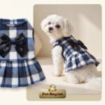Blue Plaid Pet Dress with Black Satin Bow – Cozy Fleece Dog Dress