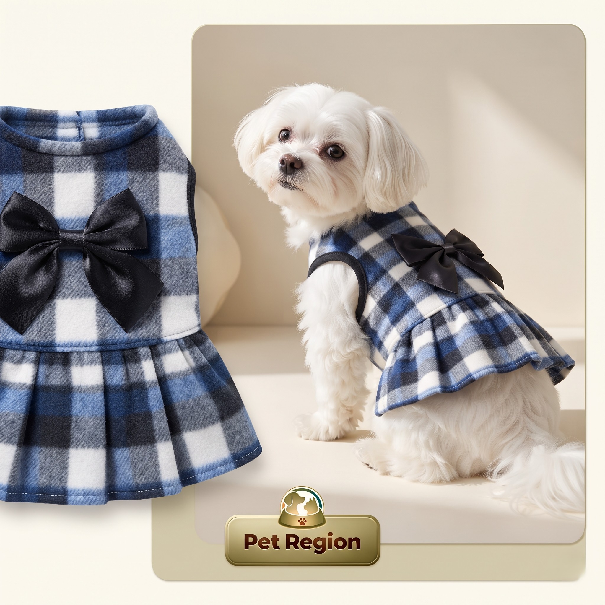 Blue Plaid Pet Dress with Black Satin Bow – Cozy Fleece Dog Dress